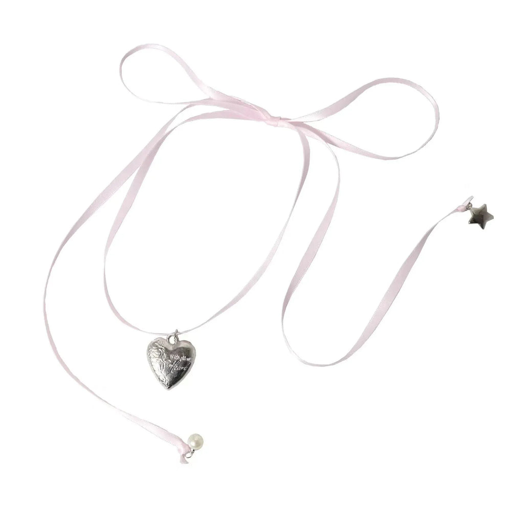 Women's alloy necklace with love pendant and ribbon design in electroplated finish