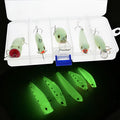 Five 3D fluorescent hard bait fishing lures with luminous effects in multi-colour set packaging