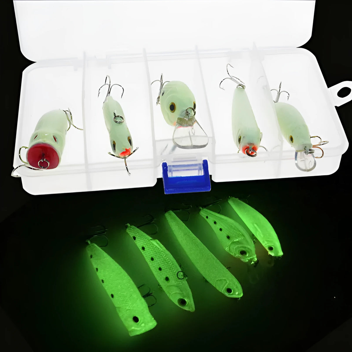 Five 3D fluorescent hard bait fishing lures with luminous effects in multi-colour set packaging