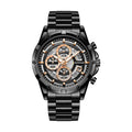 Men's waterproof luminous casual quartz watch on a steel belt strap, showing black blue and silver white colour options.