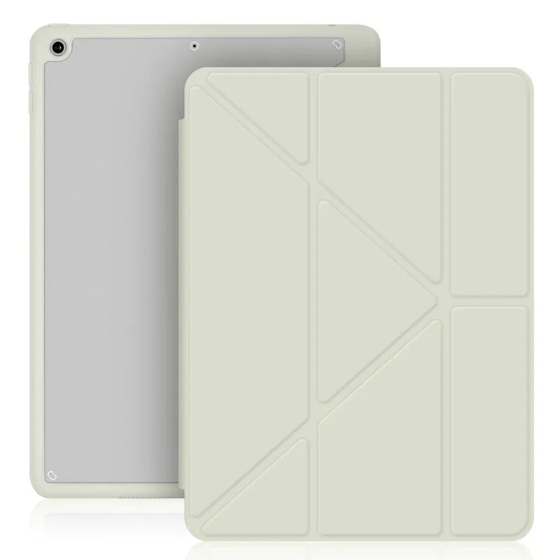Acrylic Y-folding soft imitation leather iPad case in multiple colours, showing stand function and pen slot.