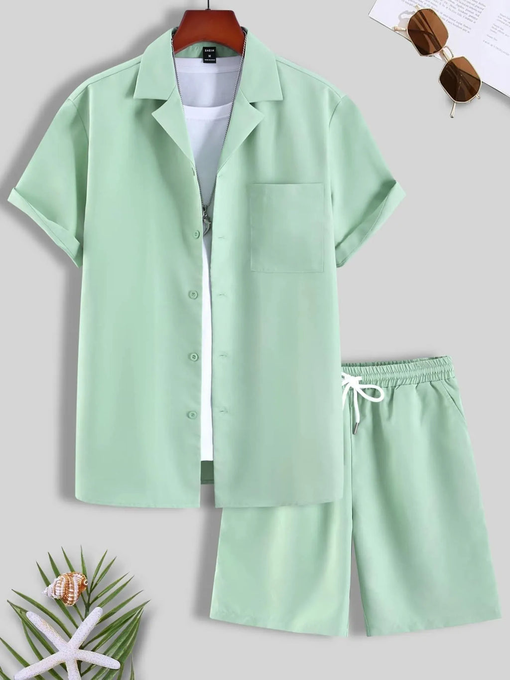 Men's short sleeve Cuban collar sport suit set with matching shorts in thin polyester fabric