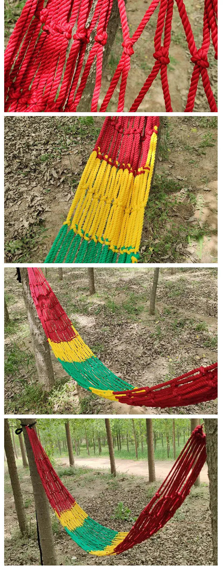 Nylon rope mesh outdoor hammock showing bold pattern construction with tying equipment