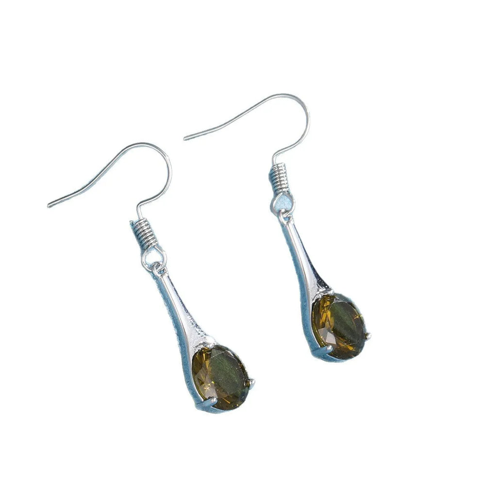 Olive green topaz earrings with water drop shape and retro design on alloy background