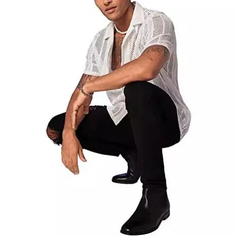 Men's button knitted short-sleeved shirt with jacquard craft texture in regular fit