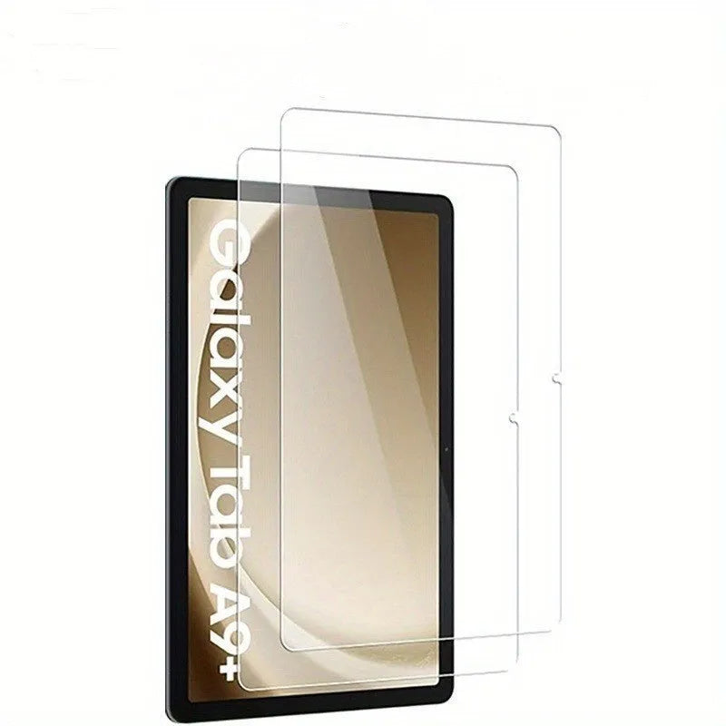 Two Samsung Galaxy tablet screen protectors made of HD tempered glass in a leather storage bag.