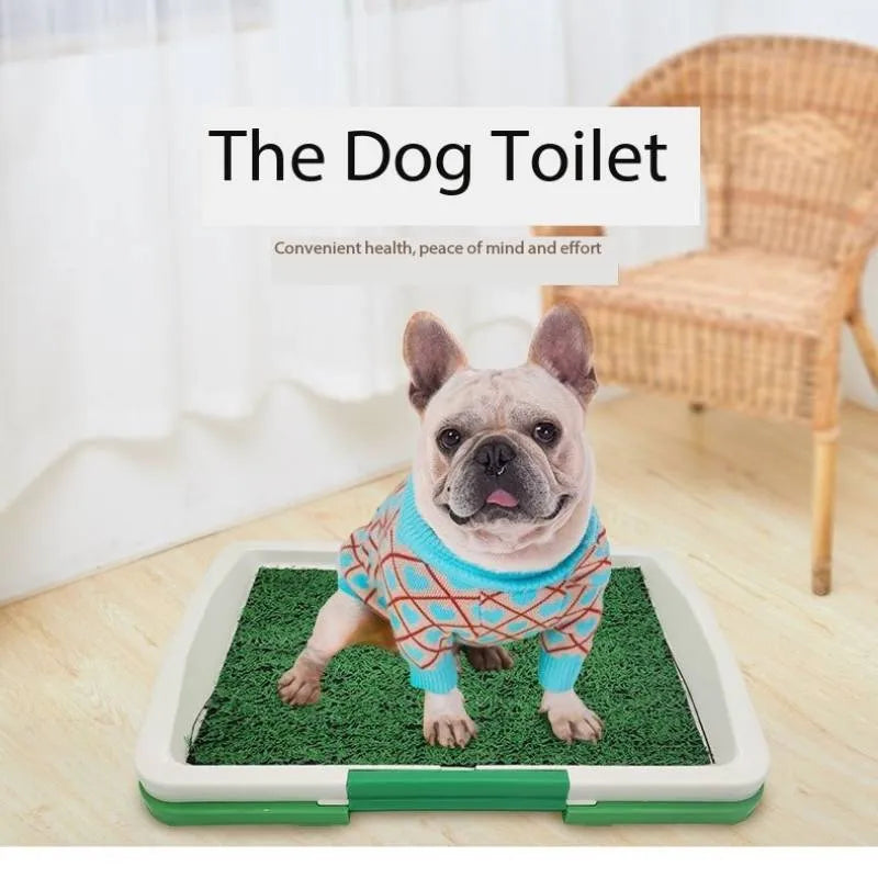 Green artificial turf dog toilet with plastic tray and mesh layer for indoor puppy training