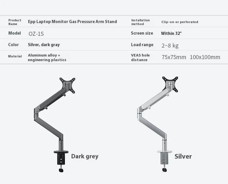 Black aluminium Free Hover adjustable laptop stand mounted on a desk edge, holding a silver notebook.