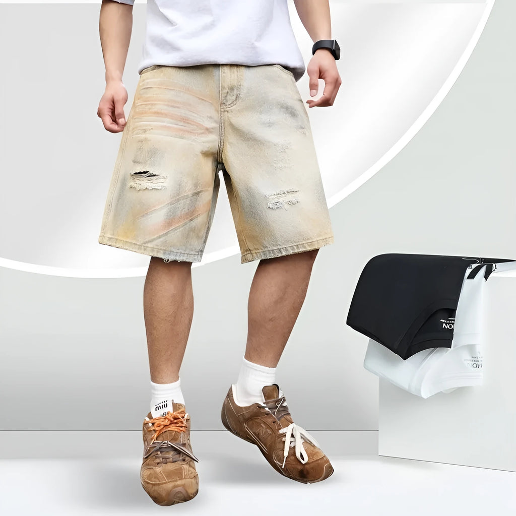Light blue distressed denim shorts for men with ripped details and straight-leg fit.
