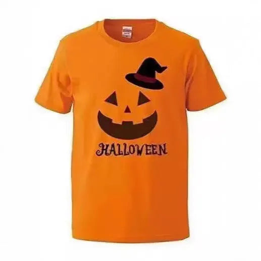 Pure cotton short sleeve Halloween T-shirt with cartoon print, loose fit, orange hat option, sizes S to XXXL