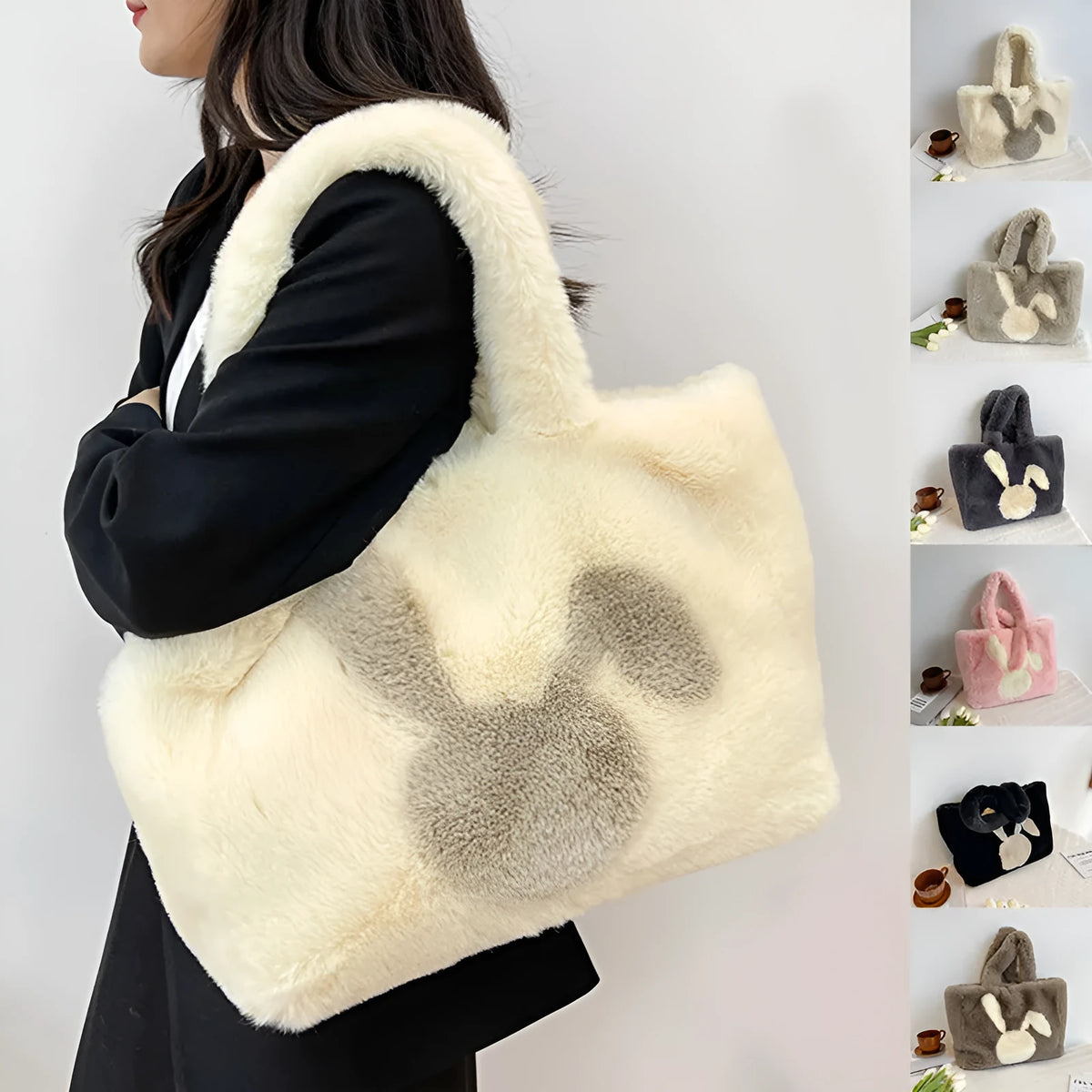 Plush shoulder bag with cartoon rabbit ears in solid colour with shoulder strap