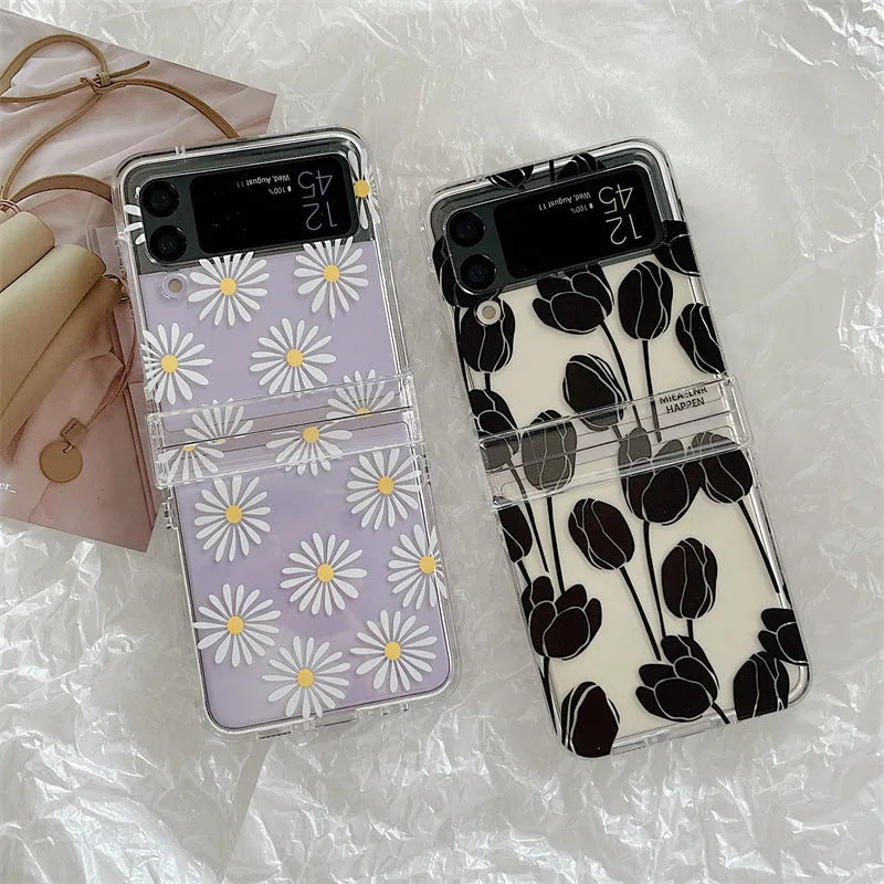Samsung Galaxy Z Flip phone case with floral pattern on folding screen, daisy design option