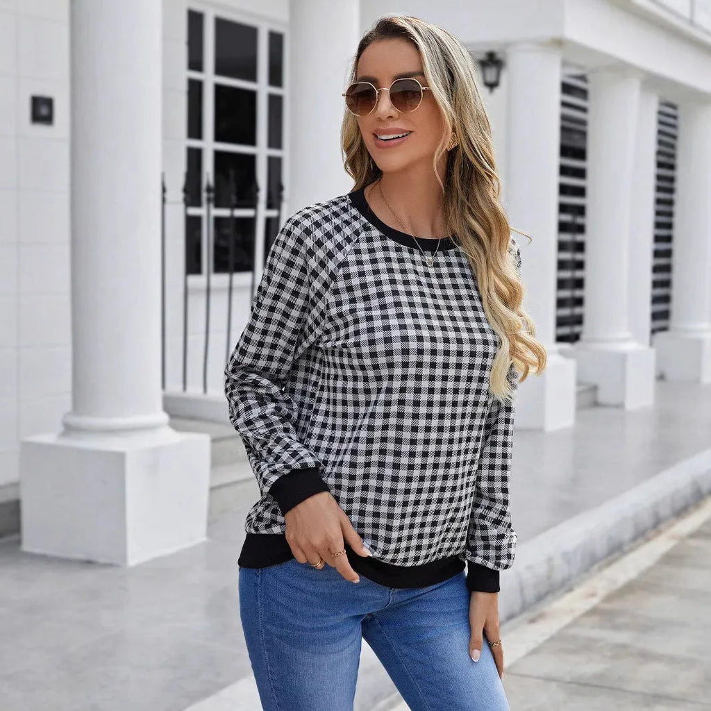 Black Japanese plaid pullover long sleeve sweater with printed pattern