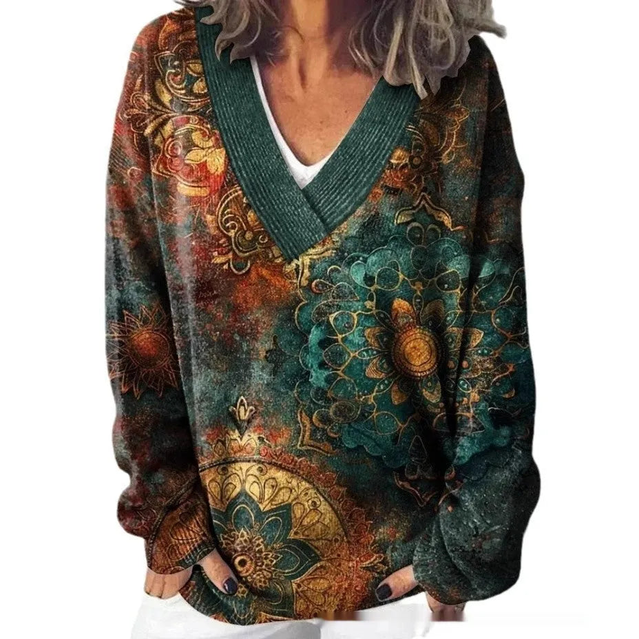 Women's V-neck sweatshirt with 3D floral pattern print in wool woven fabric