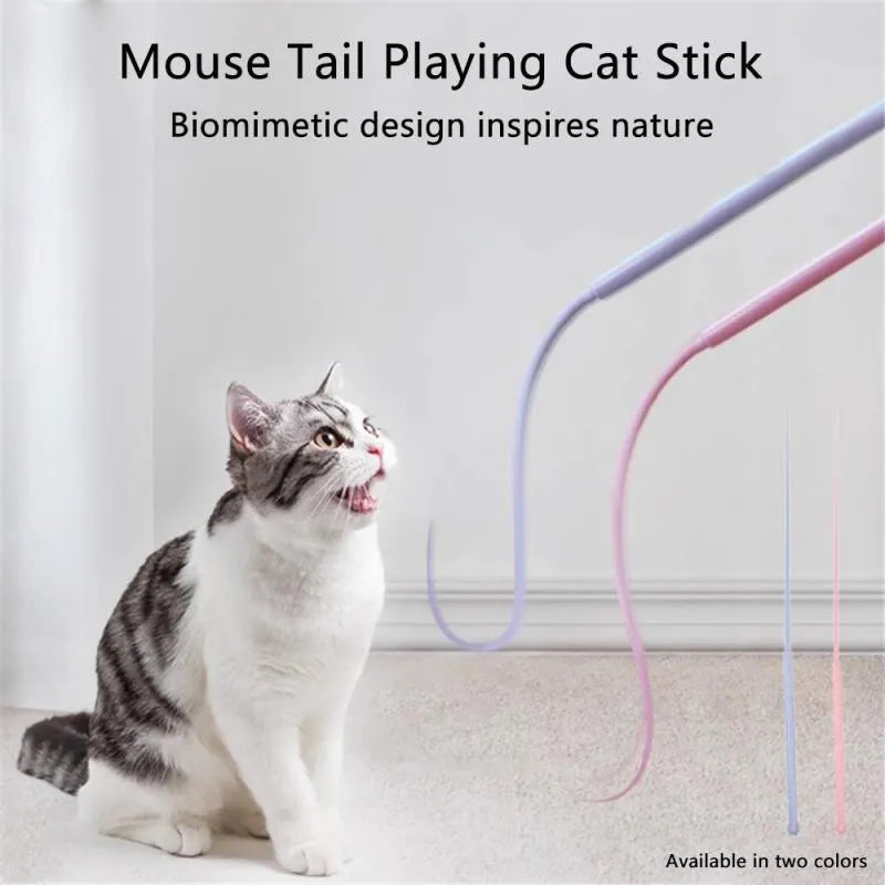 Blue simulated mouse tail cat toy with silicone tail and cat head design on 80cm wand