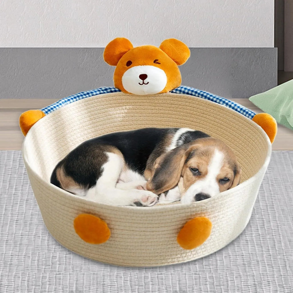 Woven cotton rope cat bed with integrated scratching board in three sizes for indoor cats
