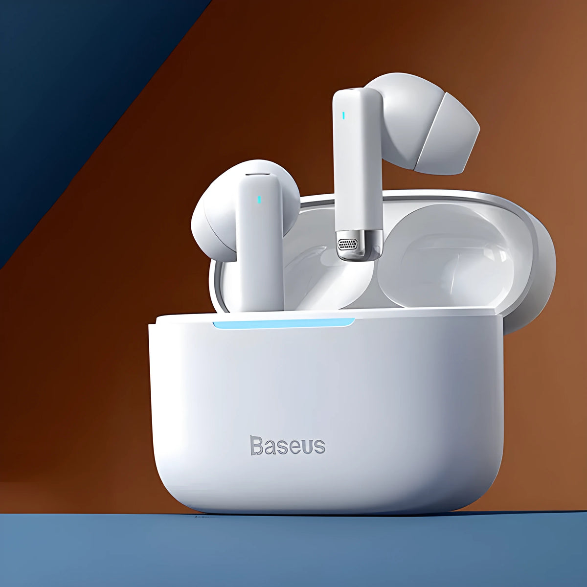 Active Noise Cancellation true wireless earbuds in Obsidian Black with a white charging case on a table.