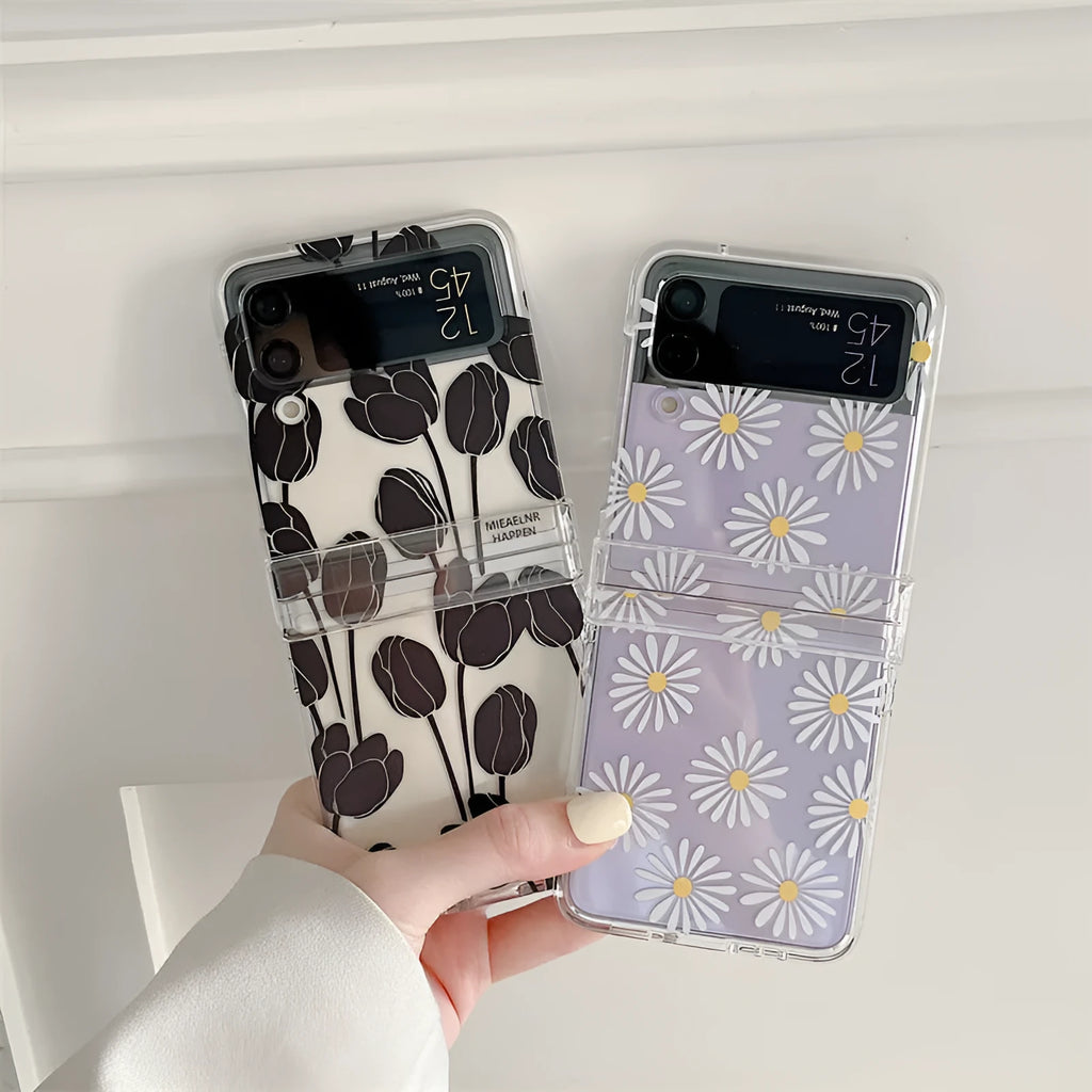 Samsung Galaxy Z Flip phone case with floral pattern on folding screen, daisy design option