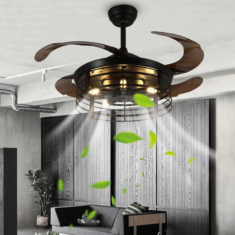 Industrial-style 42-inch ceiling fan lamp with invisible acrylic blades and integrated light shade