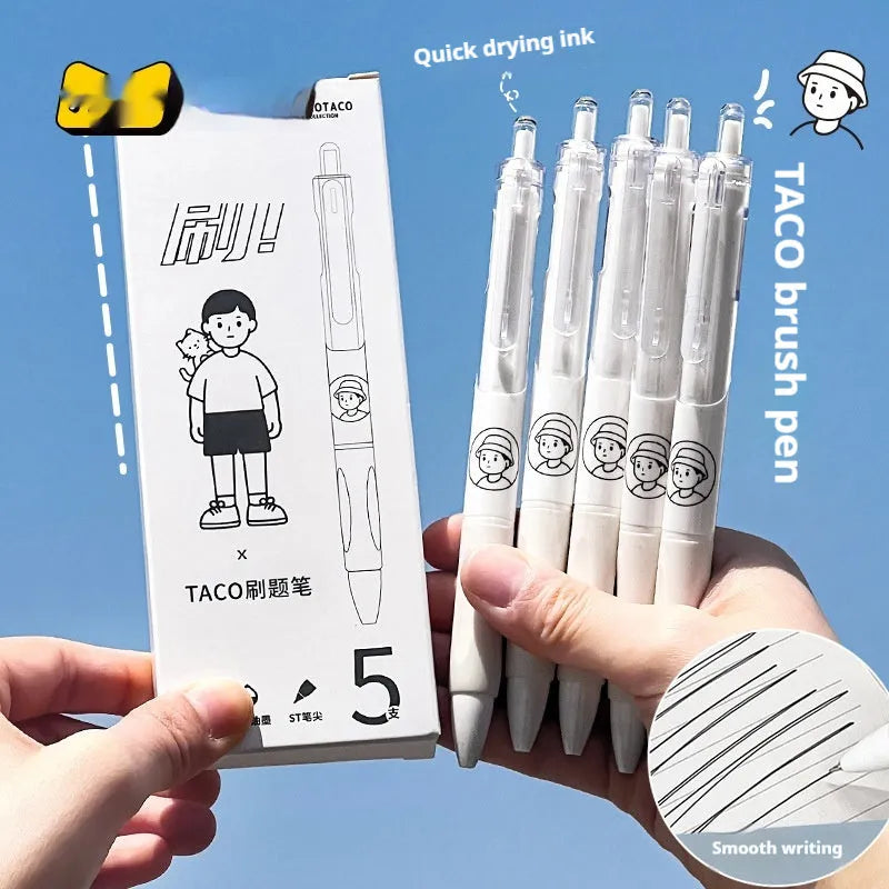 Five white plastic ballpoint pens with 0.5mm black ink tips for quick-drying writing