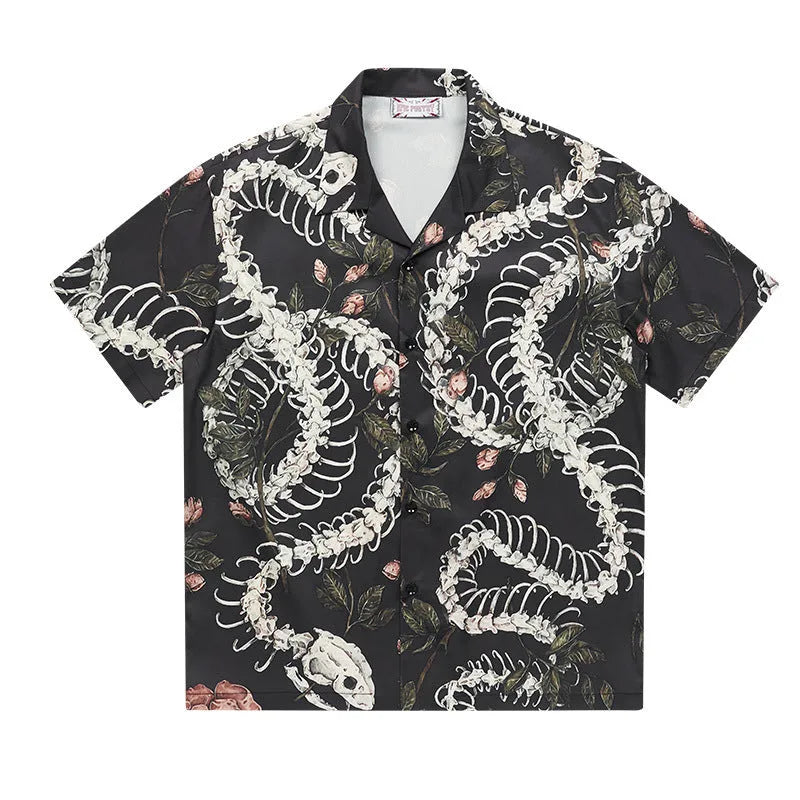 Short sleeve Cuban collar shirt with snake bone pattern print in loose fit style for summer