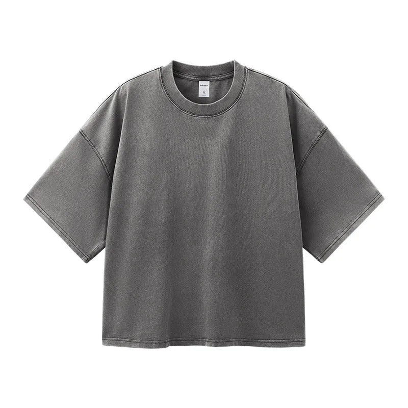 Men's washed-out vintage cotton T-shirt loose fit drop-shoulder sleeves khaki light colour