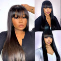 Natural colour human hair wig with straight fringe on a full-mechanism headgear base