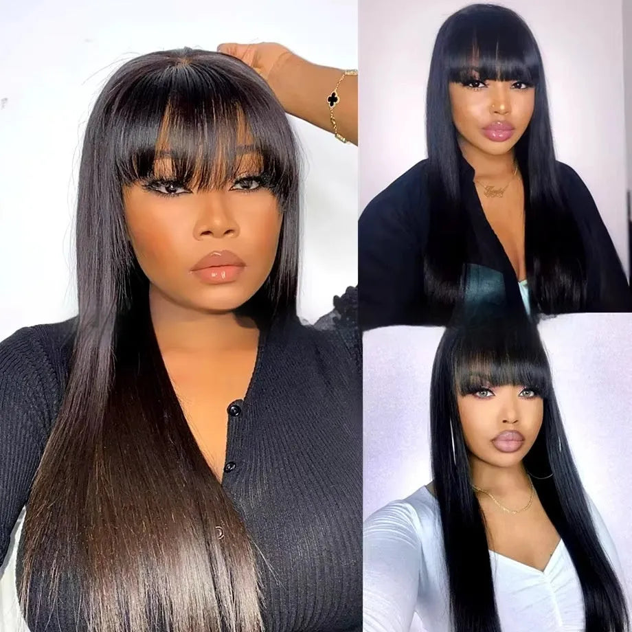 Natural colour human hair wig with straight fringe on a full-mechanism headgear base