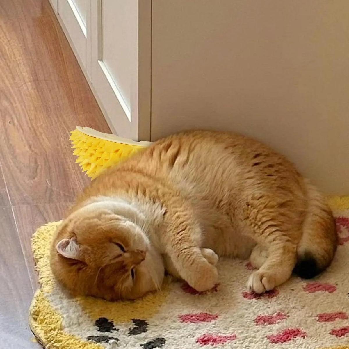 Yellow durian shaped cat corner scratcher with textured massage comb surface