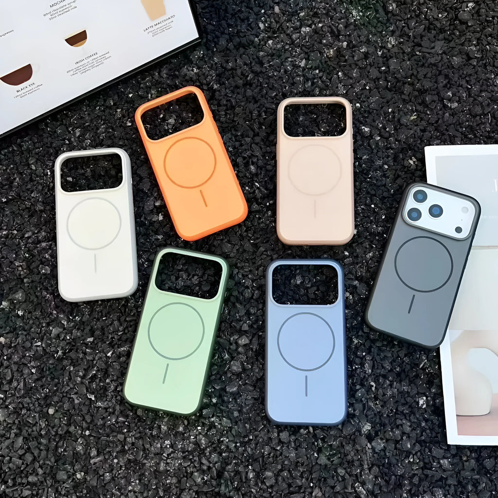 Blue frosted magnetic iPhone case with a contrasting AI camera button on the side.