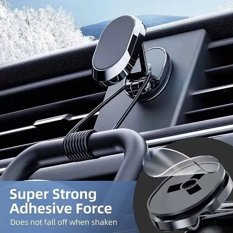 Chrome finish magnetic car phone holder with folded and extended positions showing adjustable head