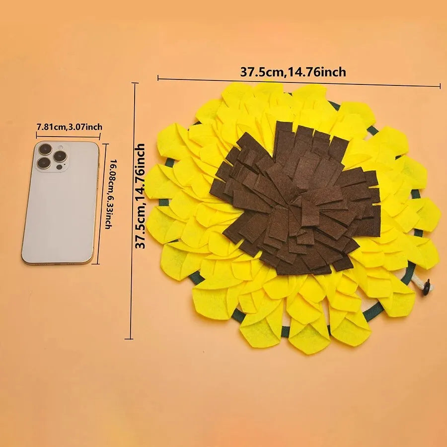 Yellow sunflower shaped dog snuffle mat with fleece petals for hiding treats during nosework training