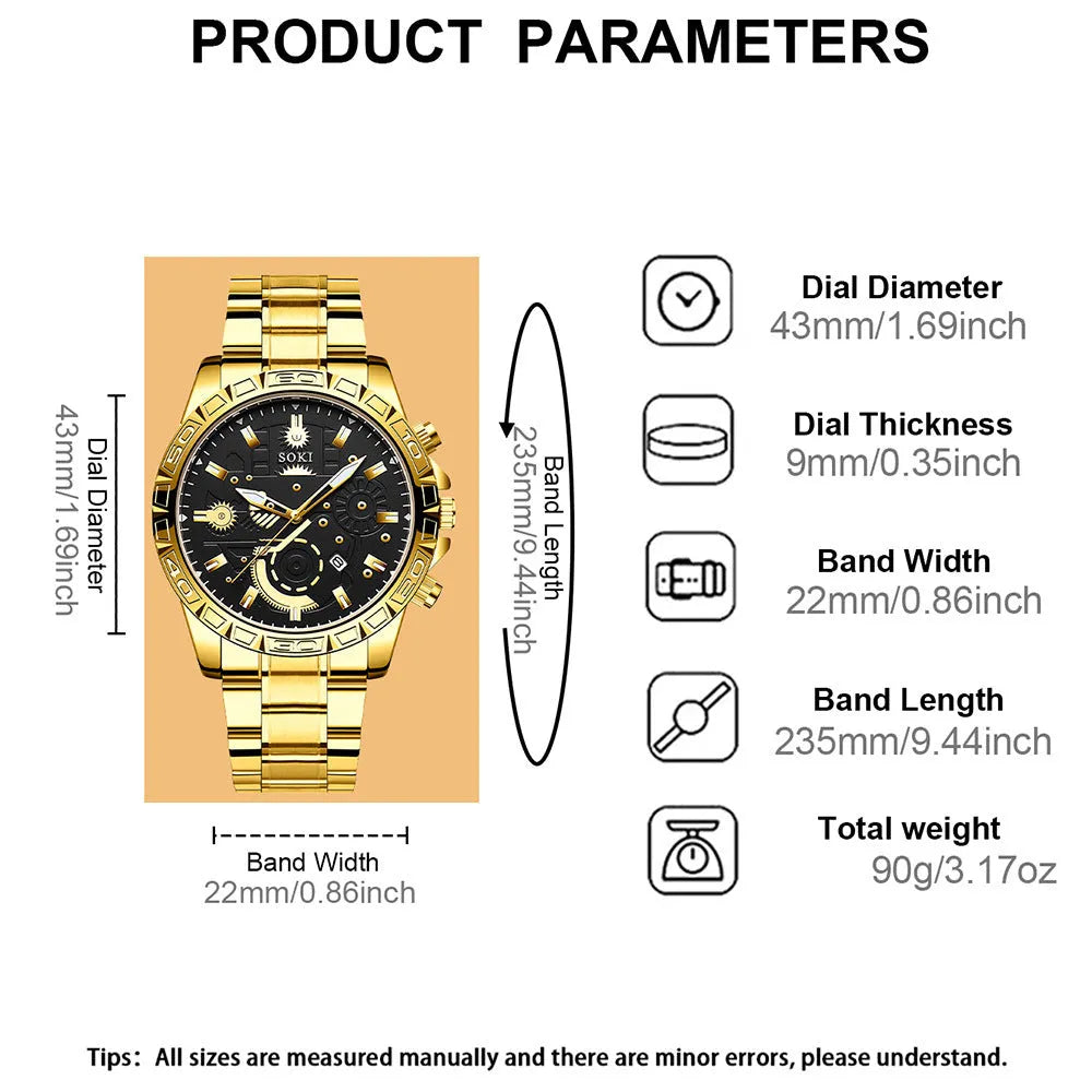 Gold men's business quartz watch with stainless steel strap and calendar display