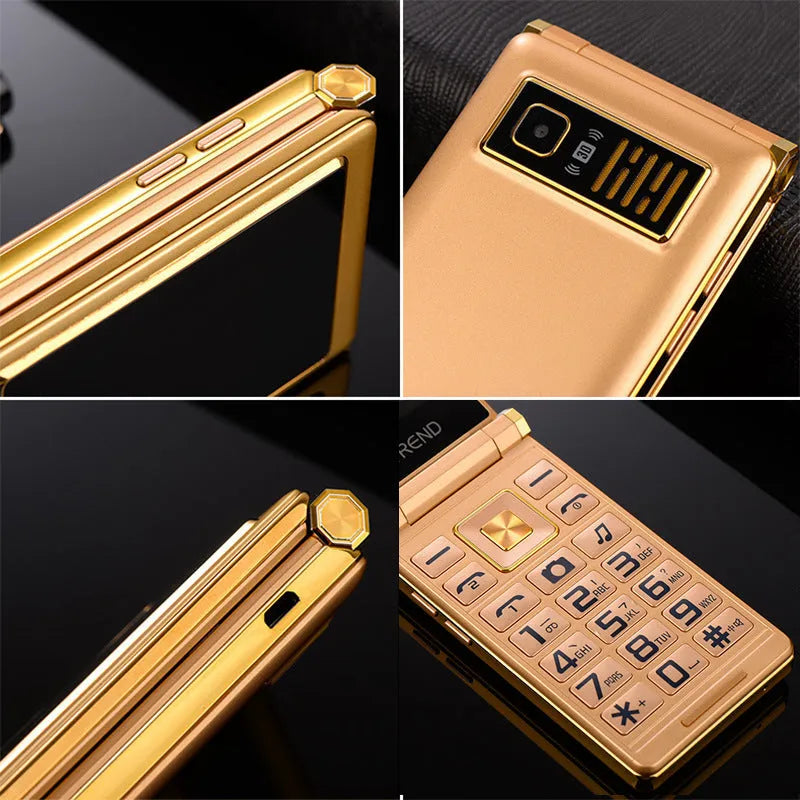 Black dual screen flip senior phone showing both internal touch screen and external display with large buttons