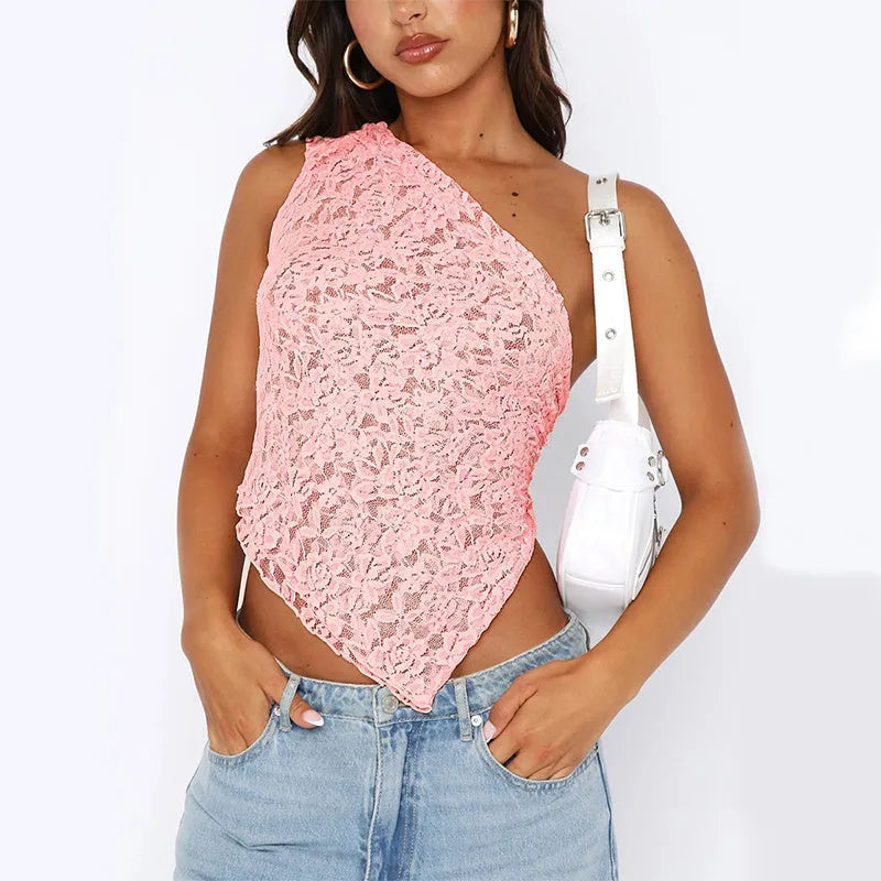 Womens lace backless sleeveless vest with asymmetrical neckline in solid colour
