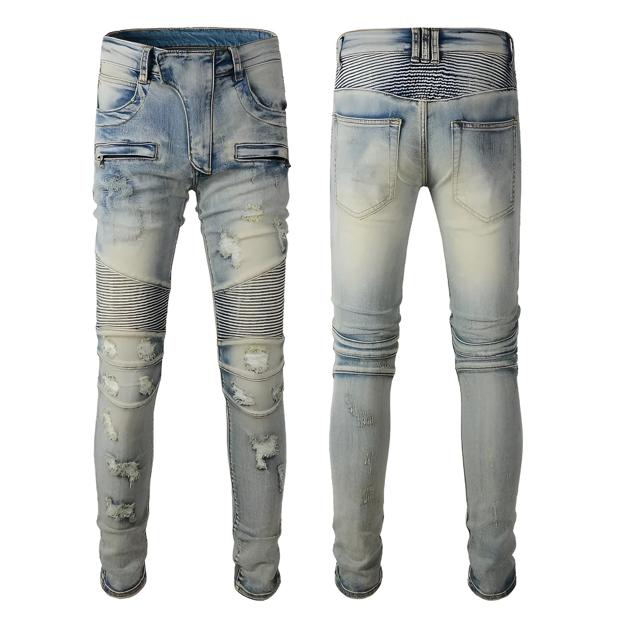 Light blue men's slim fit distressed jeans with hand-frayed details on a mid waist, showing a light straight leg cut.