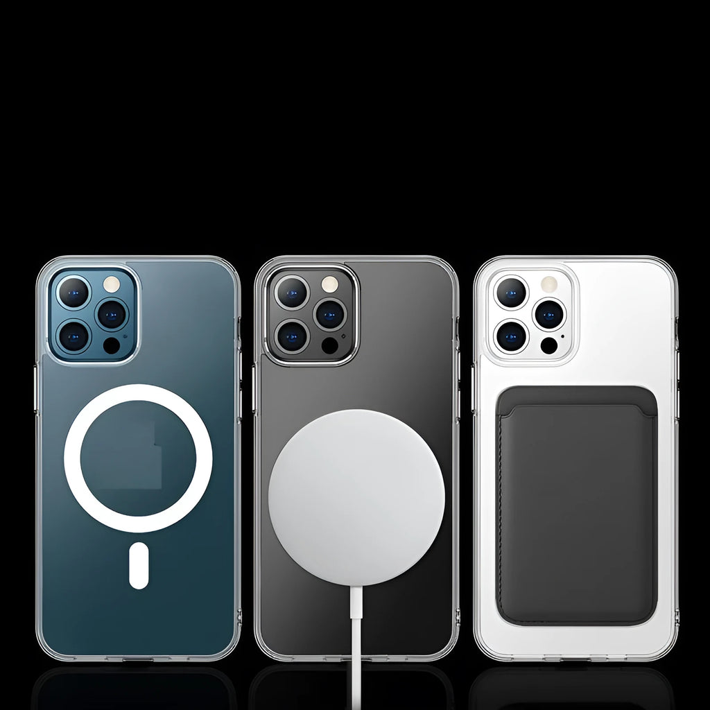 Clear magnetic back cover phone case for iPhone on a table.