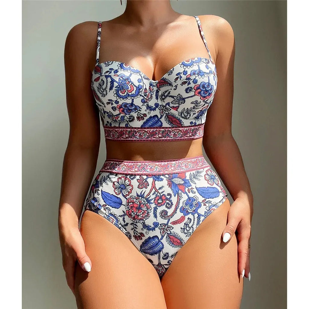 Blue women's high waist push-up bikini swimsuit with sleeveless design for swimming activities