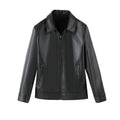 Black men's PU leather casual jacket with zipper pockets and loose fit