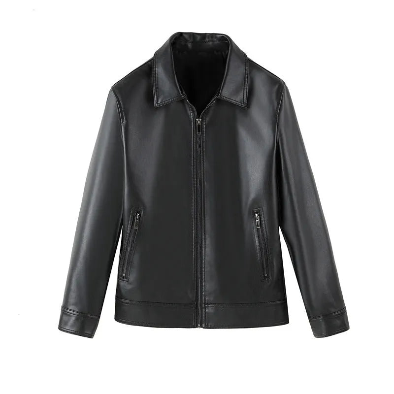 Black men's PU leather casual jacket with zipper pockets and loose fit