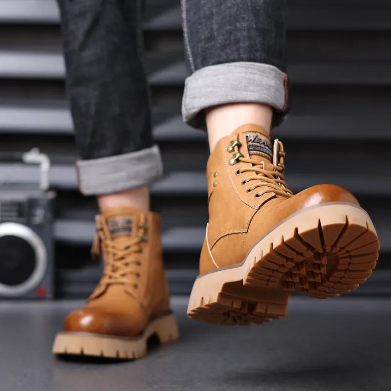 Men's brown leather high-top boots with side zipper and mid heel