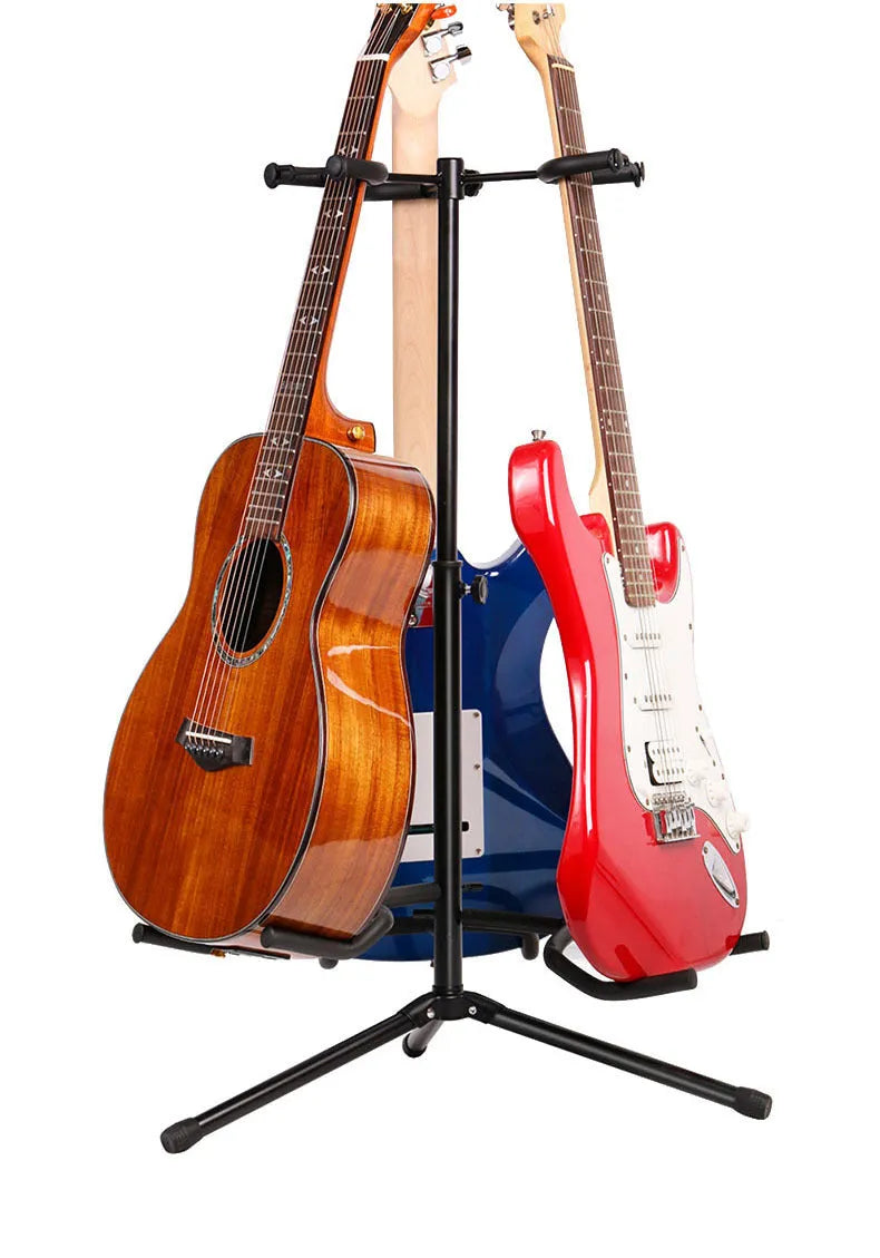 Black vertical double-headed adjustable iron guitar stand for western stringed instruments