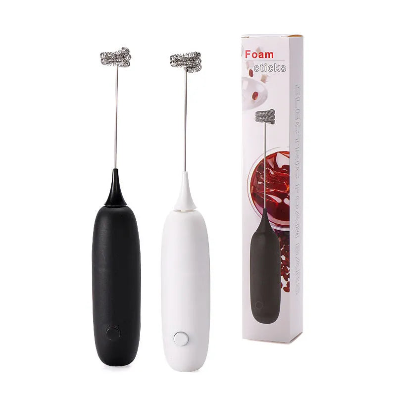 Handheld electric milk frother and blender in modern simple design, shown in black and white colour options.