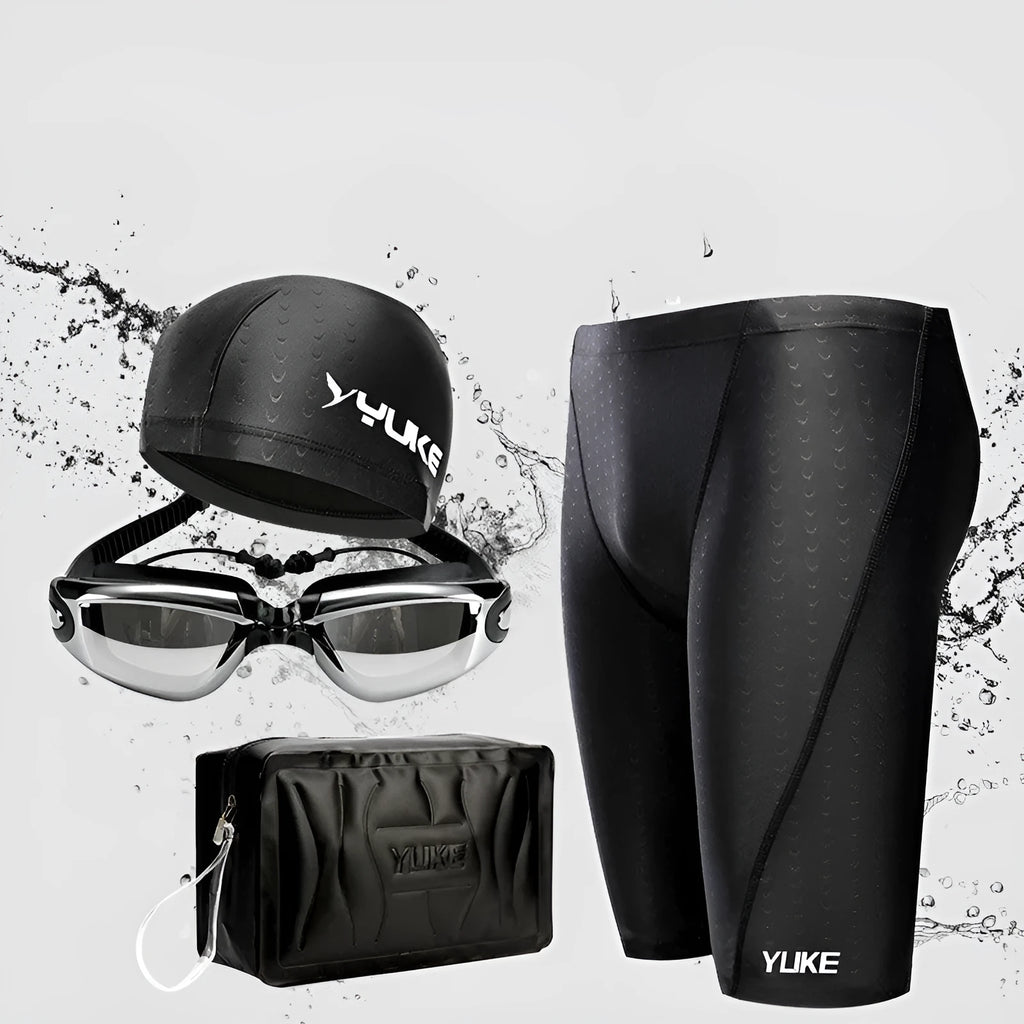 Men's black swimming set with polyester trunks, anti-fog goggles, waterproof cap, accessories and carrying bag