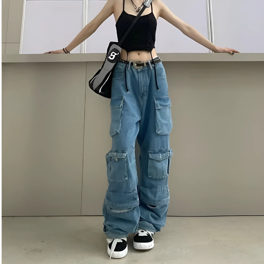 Women's high waist wide leg denim trousers with multi-pocket design in tie-dyed wash
