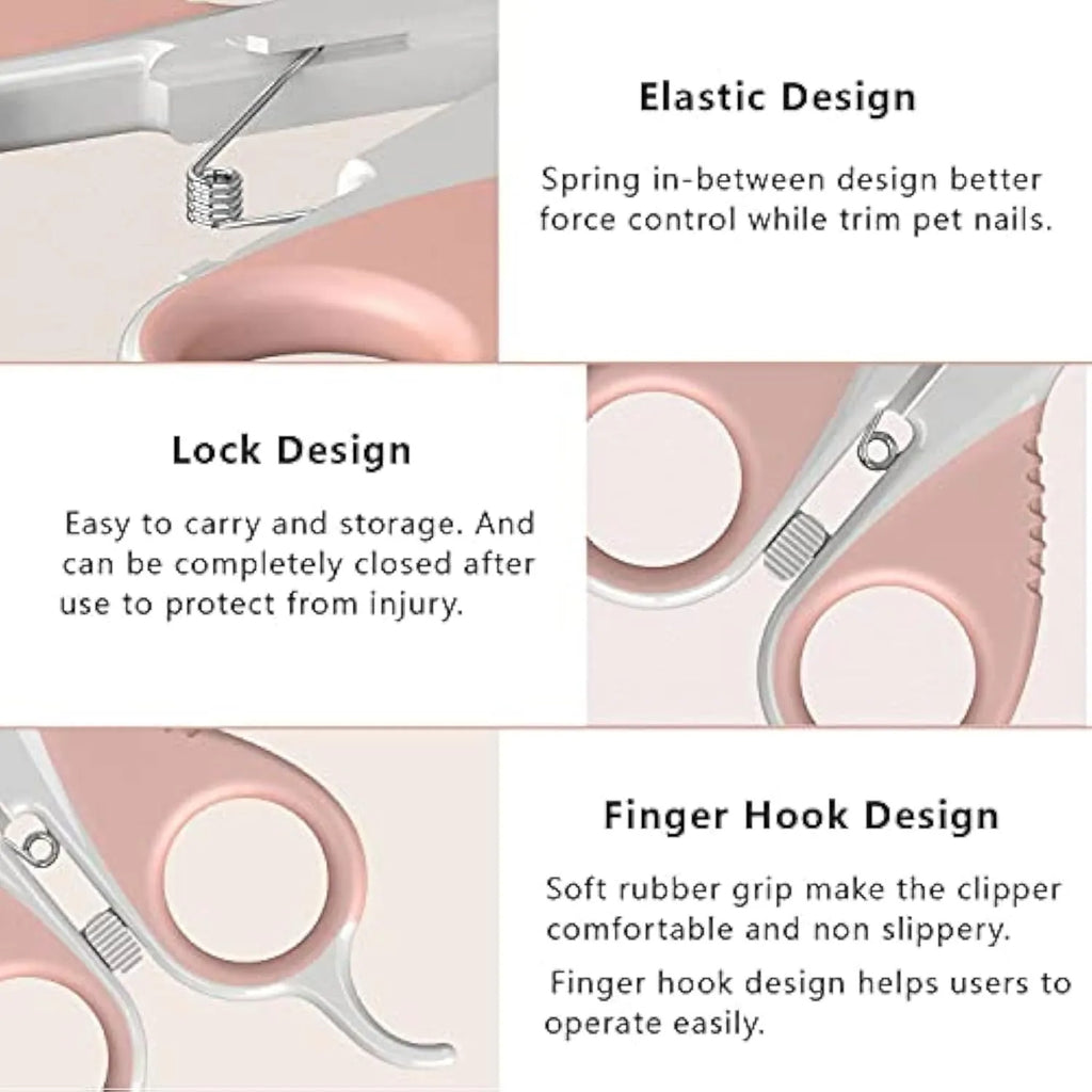Grey and pink cat nail clippers with safety guard and angled stainless steel blade for pet grooming