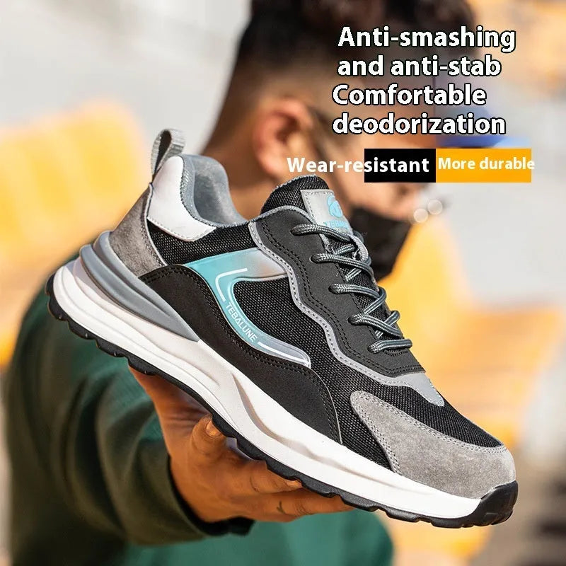 Men's low-top work shoes with plastic steel toe cap in suede and mesh construction, Four Seasons colour