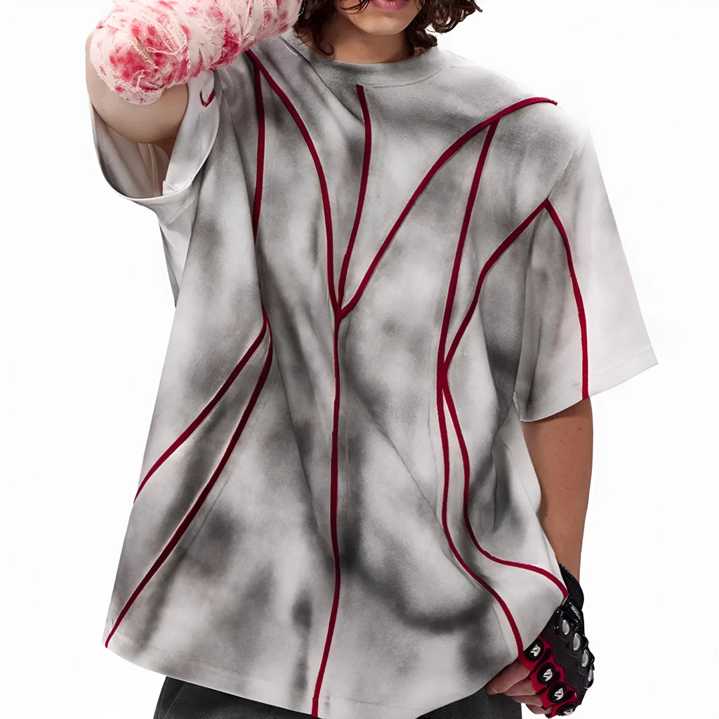 Women's short sleeve t-shirt with padded shoulders and three-dimensional line patchwork design in picture colour