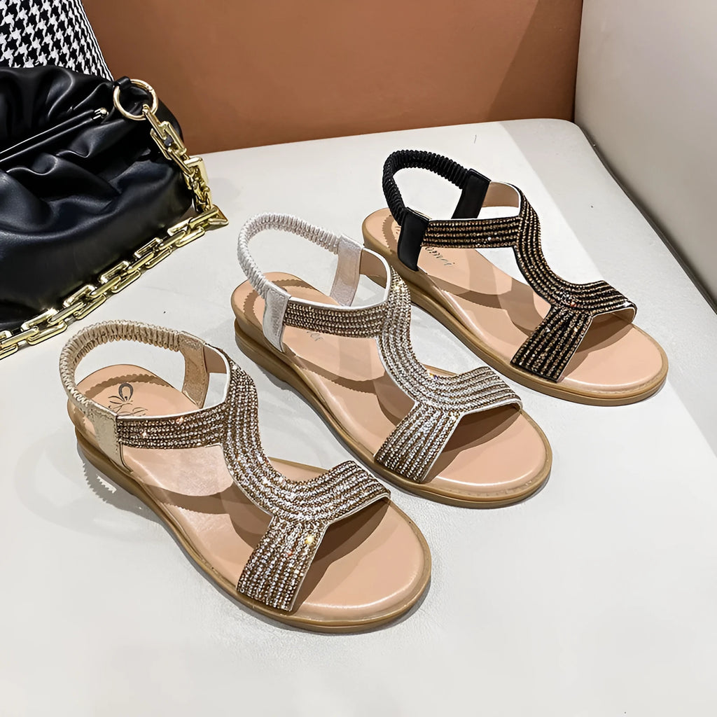 Women's gold patent leather beach sandals with rhinestone decorations and round toe design