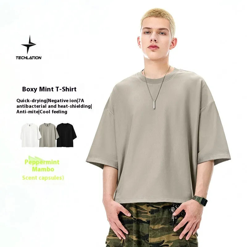 Men's sand grey quick-dry short sleeve pullover shirt with loose fit